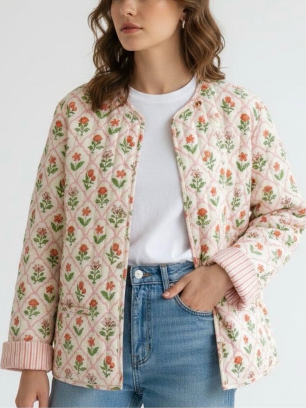 Japna 100% Cotton Orange Floral Quilted Lightweight Jacket- Size Large
